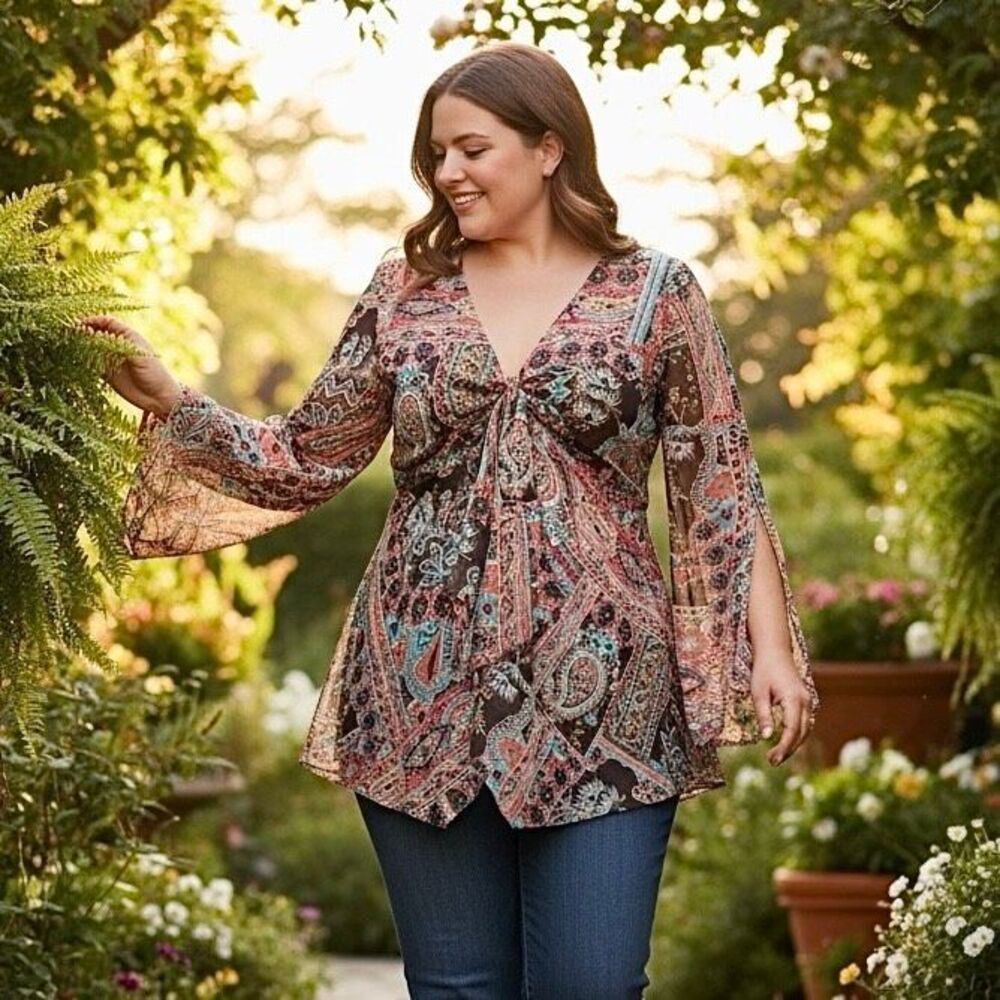 Lane Bryant Semi Sheer Boho Scarf Top Tunic Sz 18/20 2X